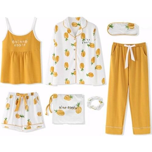 Women Sleepwear Set Home Wear Clothing Dot Print Pajama sets 7pcs set Pyjamas Set Ladies Cotton Sweet Home Outerwear