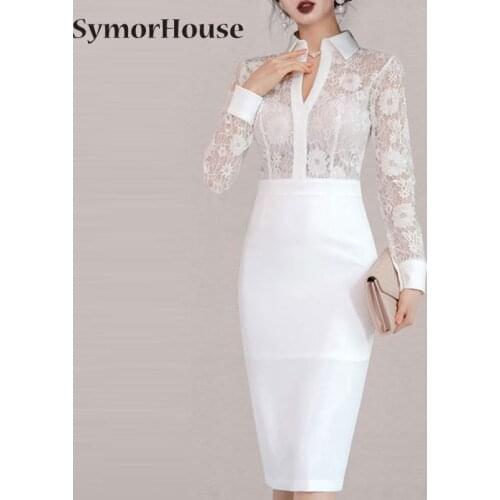 New Hollow Out Lace Patchwork Sexy Pencil Dress Women White Office Lady Sheath Bodycon Dresses Casual Evening Party Vestidos