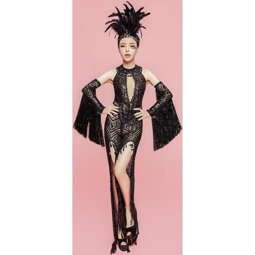 Bar Club DJ DS Stage Clothes Female Singer Sexy Black Sequin Fringe Dress Women Gogo Pole Jazz Dance Performance Costume DWY5302