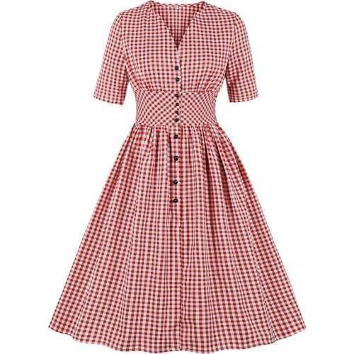 Vintage Gingham Dress Retro High Waist Single Breasted Tunic 4XL Plus Size Women V-Neck Half Sleeve Big Swing Red Plaid Dress
