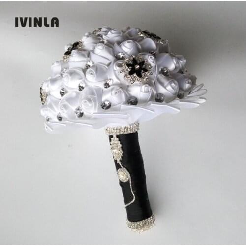 1Pc/lot White Wedding Bouquets Hand made Flower with black Rhinestone Crystal Bridal Wedding Bouquet for wedding party