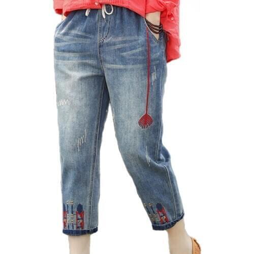 2020 Fashion Summer Ladies Ripped Loose Jeans Casual Embroidery Denim Trousers Vintage Female Elastic Harem Pants Pantaloni New