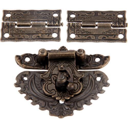 Antique Bronze Furniture Hardware Box Latch Hasp Toggle Buckle + 2Pcs Decorative Cabinet Hinges for Jewelry Wooden Box