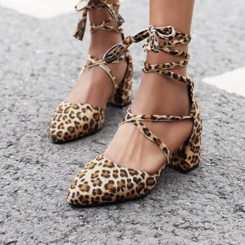 Women Sandals Fashion Pumps Pointed Toe Leopard Ankle Strap Roman Shoes Femme High Heels Ladies Party Womens Sandalies 2021