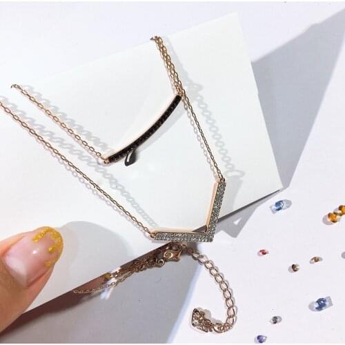 Brand 1:1 Simple Geometric Lines V-shaped Smile Two-in-One Diamond Double Pendant Clavicle Necklace Pendant Lady Silver Jewelry