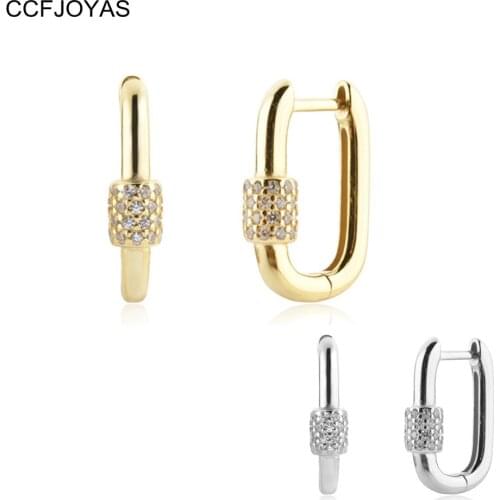 CCFJOYAS 925 Sterling Silver Punk Oval Geometric Hoop Earrings Women European and American White Zircon Piercing Oval Earrings