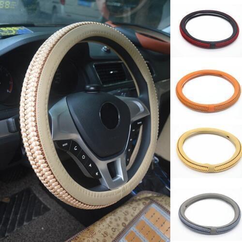 PU Leather Steering Wheel Cover Black Lychee Pattern with Anti-slip Braiding Style M Size fits 38cm/15" Diameter car styling