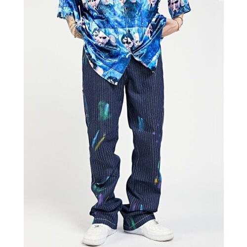 EukaaRu Graffiti Vertical Stripe Jeans Mens High Street Denim Baggy Straight Pants Trendy Casual Pants Women Oversized Jeans