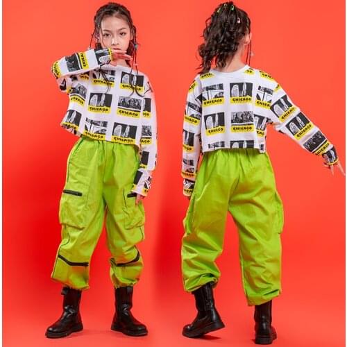 Jazz Dance Costume Girls Children Street Dance Clothing Long Sleeve Tops Green Hip Hop Stage Pants Performance Rave Wear BL6457