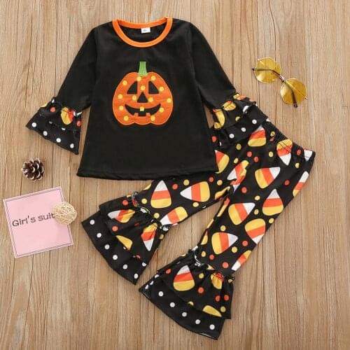 Lovely Girls Kids Pumpkin Print Flared Sleeve Blouse Bell-bottoms Trousers Halloween Festival Outfit Set Gift