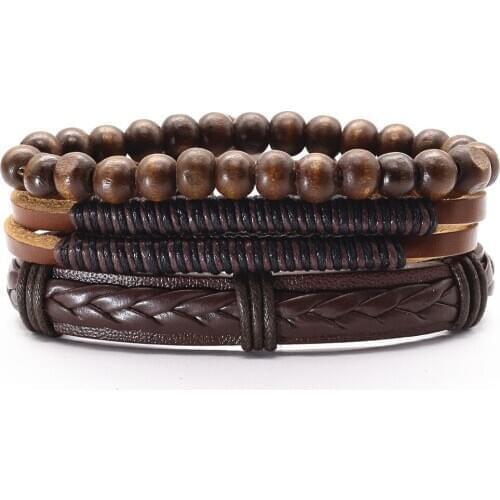New Handmade Woven Punk Vintage Men Leather Bracelets & Bangles For Women Wood Beads Homme Gift Jewelry Freely Shipping