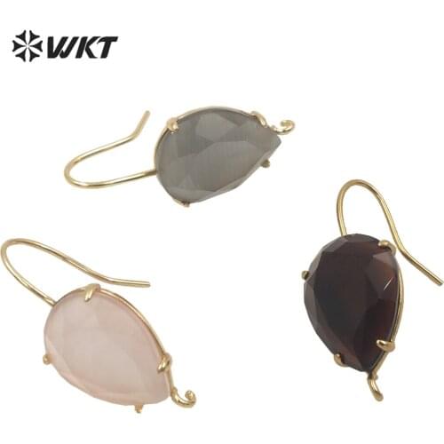 WT-E647 Wholesale Fashion gold Prong setting Cat Eye stone hoop earrings women teardrop Pear jewelry findings with hoop for you
