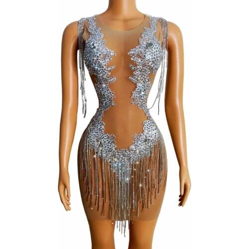 Sexy See Through Rhinestone Tassel Party Club Dress Women Stretch Mesh Transparent Fringes Latin Dance Dress Singer Stage Wear