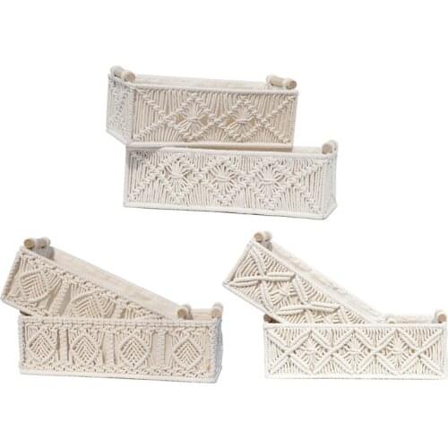 Cotton Rope Woven Basket Rectangle Macrame Storage Holder Sundries Candy Organizer Bin Photography Prop for Home Desktop