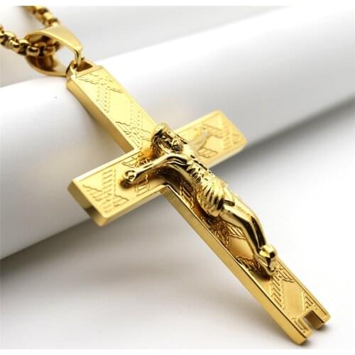 Jesus Cross Pendant Necklace With Chain Gold Color Stainless Steel Crucifix Pendants Necklaces for Men Religious Jewelry Gift