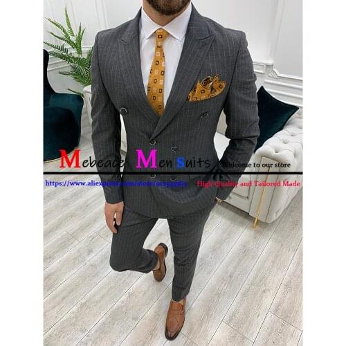 Casual Striped Mens Suits Formal Business Slim Fit Blazer Wedding Tuxedo Groom Wear 2Piece Costume Homme Mariage (Jacket+Pants)