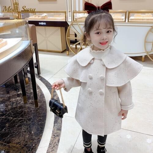 Baby Girls Wool Jacket Sequins Cloak Winter Spring Autumn Warm Infant Toddle Princess Trench Coat Baby Outwear Clothes 1-8Y