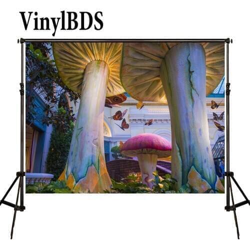 VinylBDS Newborn Colorful Giant Mushroom Backdrop Children Fairy Tale Background Baby Butterfly Palace for Kids Photo Shoot