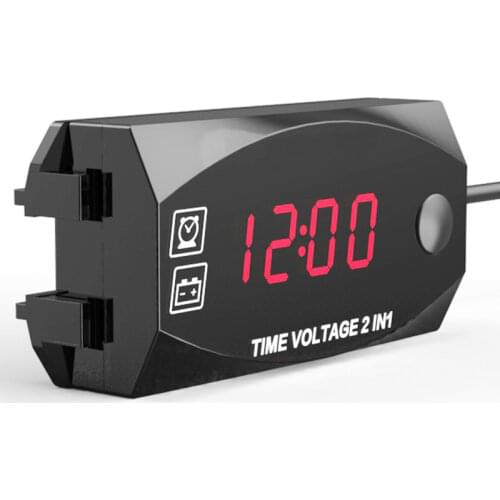 2-in-1 Voltmeter For Motorcycle Electric Vehicle Time Clock Multi-function With Digital Display