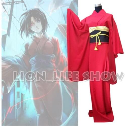 Japan Traditional Women Ryougi Shiki Red Furisode Kimono Cosplay Costume Set