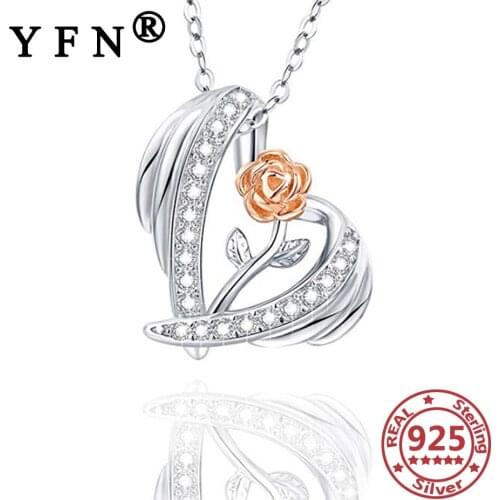 YFN 925 Sterling Silver Heart Rose Pendant Necklace Cubic Zircon Silver Chain Women 925 Valentines Day Gifts Mothers Day Gifts