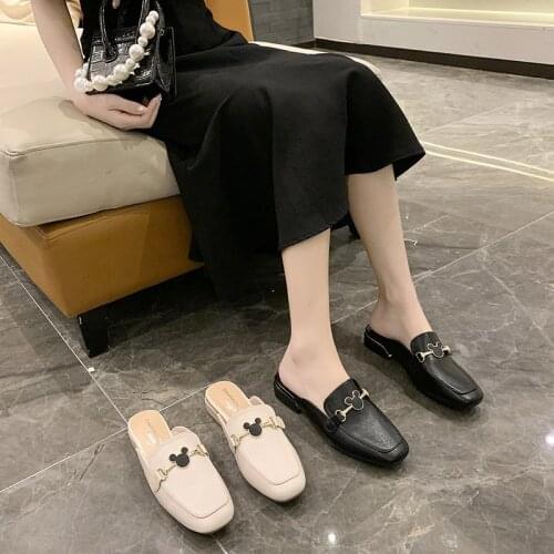 WOHDHE Fashion Metal Chain Summer Women Slippers PU Leather Square Toe Low Heels Ladies Slides Outdoor Outside Female Shoes