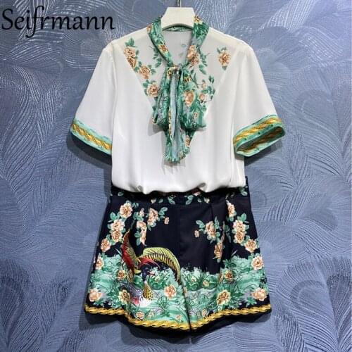Seifrmann New 2021 Summer Women Fashion Runway Shorts Set Lantern Sleeve Loose Blouses + High Waist Floral Printed Shorts Suits