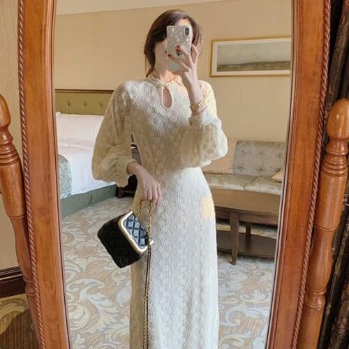 Women Elegant Cheongsam Dress Chinese Style Autumn Winter New Solid Sheath Button Split Midi Dresses Slim Chic Vestidos