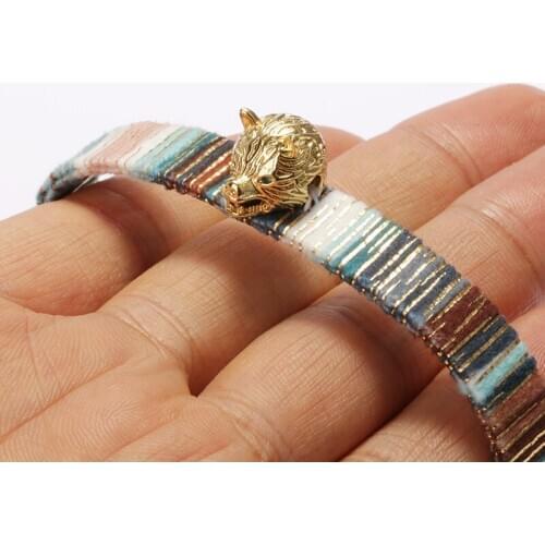 Gold vivid dog wolf head charm ethnic boho bohemia soft cotton silk tassel tail wristband adjustable bracelet for woman