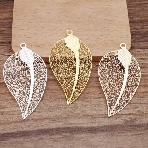 10 PCS 66*35mm Gold Silver Plated Leaf Metal Brass Filigree Leaf Charms Pendant DIY Handmade Accessories For Jewelry Making