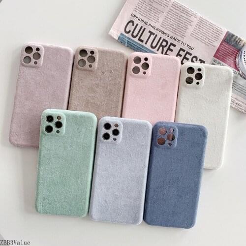 Velvet Warm Solid Plush Phone Case for iPhone 12 11 Pro Max SE2020 XR XS Max 7 8Plus Soft Silicon Furry Fabric Back Cover