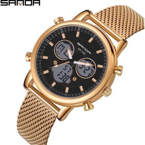 Sanda Top Brand Watch Mens Analog Quartz Digital Fashion Sport Watches Stainless Steel Strap Mens Led Electronic Clock Male