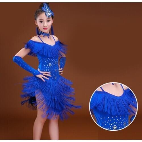Childrens Latin dance costumes childrens sequins tassels Latin dance skirt performance girls show competition clothing
