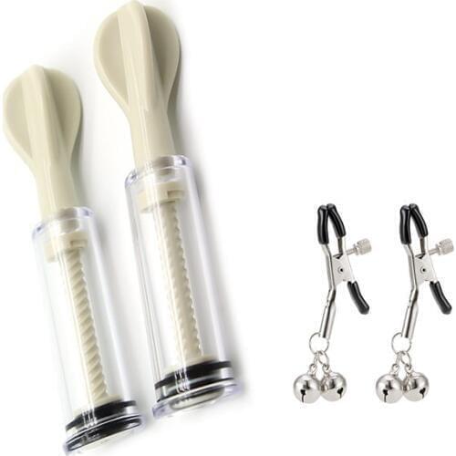Combo Vacuum Nipple Suction Cupping Bondage Sucker Enhancer + Bell Nipple Clamps BDSM Nipple Play Fetish Men Sex Games