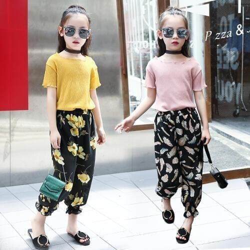 Summer Children Clothing Short Sleeve Top Tee + Flower Wide Leg Pants 2pcs Chiffon Suit Clothes for Girls 6 8 10 12 14 Years Old