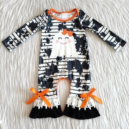 Cute baby girls long sleeve rompers halloween fashion girls jumpsuit with striped infant fall romper with bow