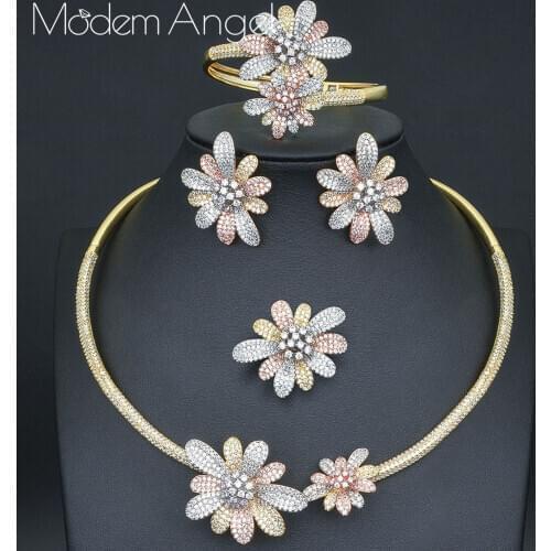 ModemAngel trendy Wedding Necklace Earrings For Women Accessories Flower Cubic Zirconia Bridal Jewelry Sets pendientes mujer mod