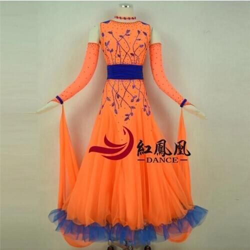 Orange rhinestones Ballroom dance competition dress standard dresses modern dance costume ballroom waltz dress luminous costumes
