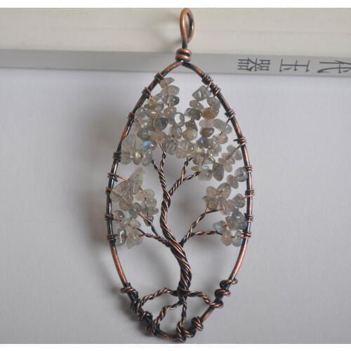 Pendant Bead Fit Necklace Copper Wire Wrap Tree of life Gray Labradorite chip Beads for Men Girls Jewelry Gift 1Pcs K2078