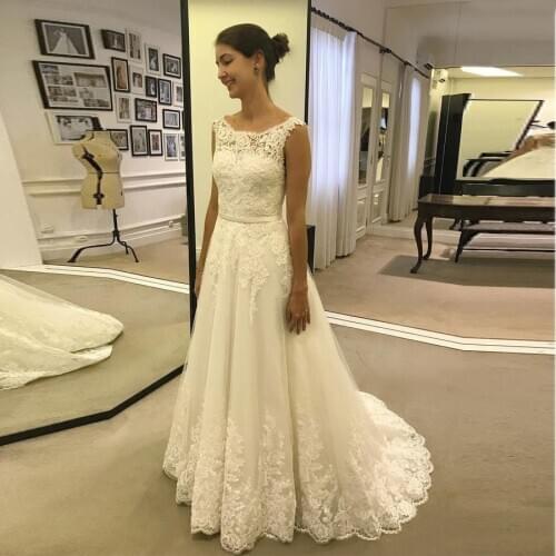 Scoop Neck Simple Wedding Dresses With Appliques Lace Tulle Fabric Button A-line Bridal Gowns vestido de noiva 2020 robe mariage