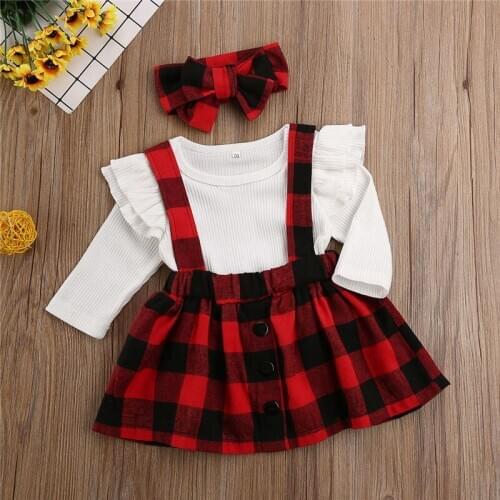 Christmas Newborn Baby Girls Clothes Knitted Plaids strap Button Skirts bow Headband solid Ruffle round neck Bodysuit 3pc Outfit