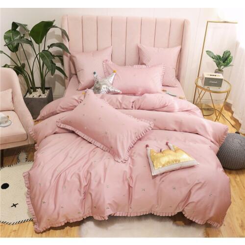 Pink Luxury 80S Egyptian cotton Embroidered Bedding sets Queen King Princess Duvet cover Bed sheet set Pillowcases 4/6pc Flounce