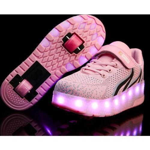 2020 Glowing Sneakers with TWO Wheels Children Roller Shoes USB Charge Led Light Up Shoes Boys Girls Pink