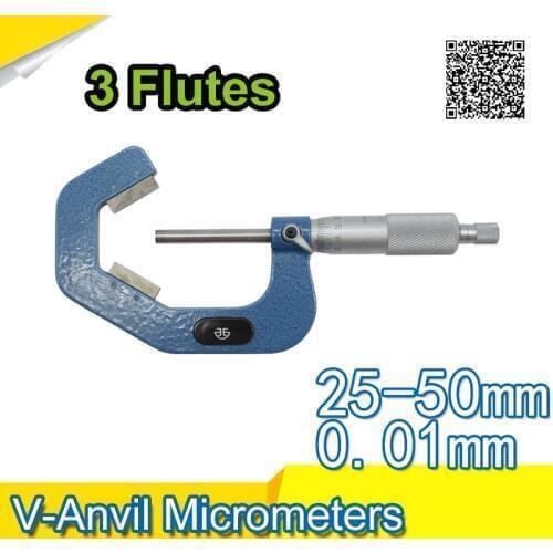 V-Anvil Micrometer for 3 Flutes Cutting Head, Ratchet Stop, 25-50mm Range, 0.01mm Graduation