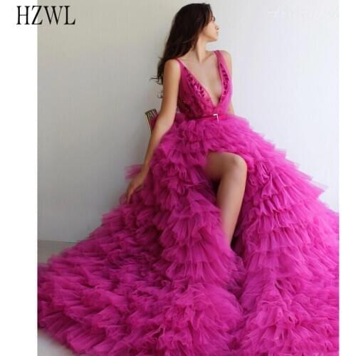 Fuchsia Evening Dresses 2019 Sexy V-Neck High Split Tiered Tulle Islamic Dubai Kaftan Saudi Arabic Proml Dress robe de soiree