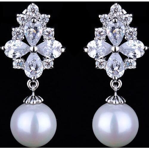 2016 Lady Gift AAA CZ flowers white Gold color Imitation Pearl dangle Earring Designs GLE4734