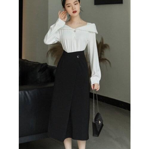 SWEETXUE Female Korean Sets Spring Womens Sexy Square Collar Ladies Temperament Shirts Tops + Retro Fashion Design Skirt Suit