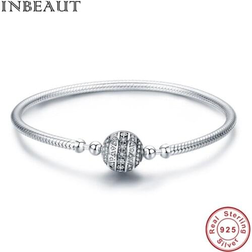 INBEAUT 100% 925 Sterling Silver Round White Cubic Zirconia Beads Bracelet for Women Trendy Snake Chain Party Jewelry
