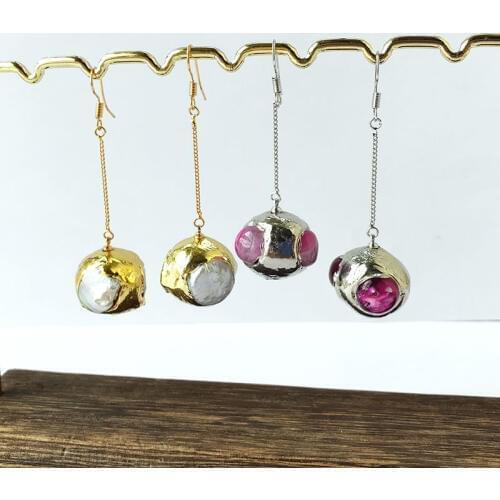 1 pair Gold Electroplated Nature Pearls Earrings Round Ball Gem Stone Dangle Earrings Women Jewelry ER1026