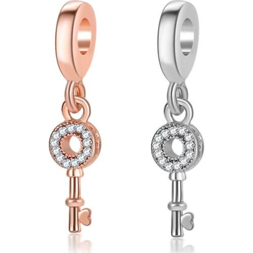 1Pcs New Rhinestone Key Pendant DIY Beads Suitable for Original Pandora Charm Bracelet Ladies Jewelry Making Gifts